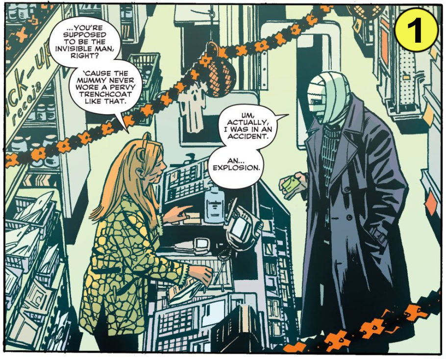 Pharmacy scene from Ex Machina Masquerade Special #3, copyright 2007 Brian K. Vaughan and Tony Harris